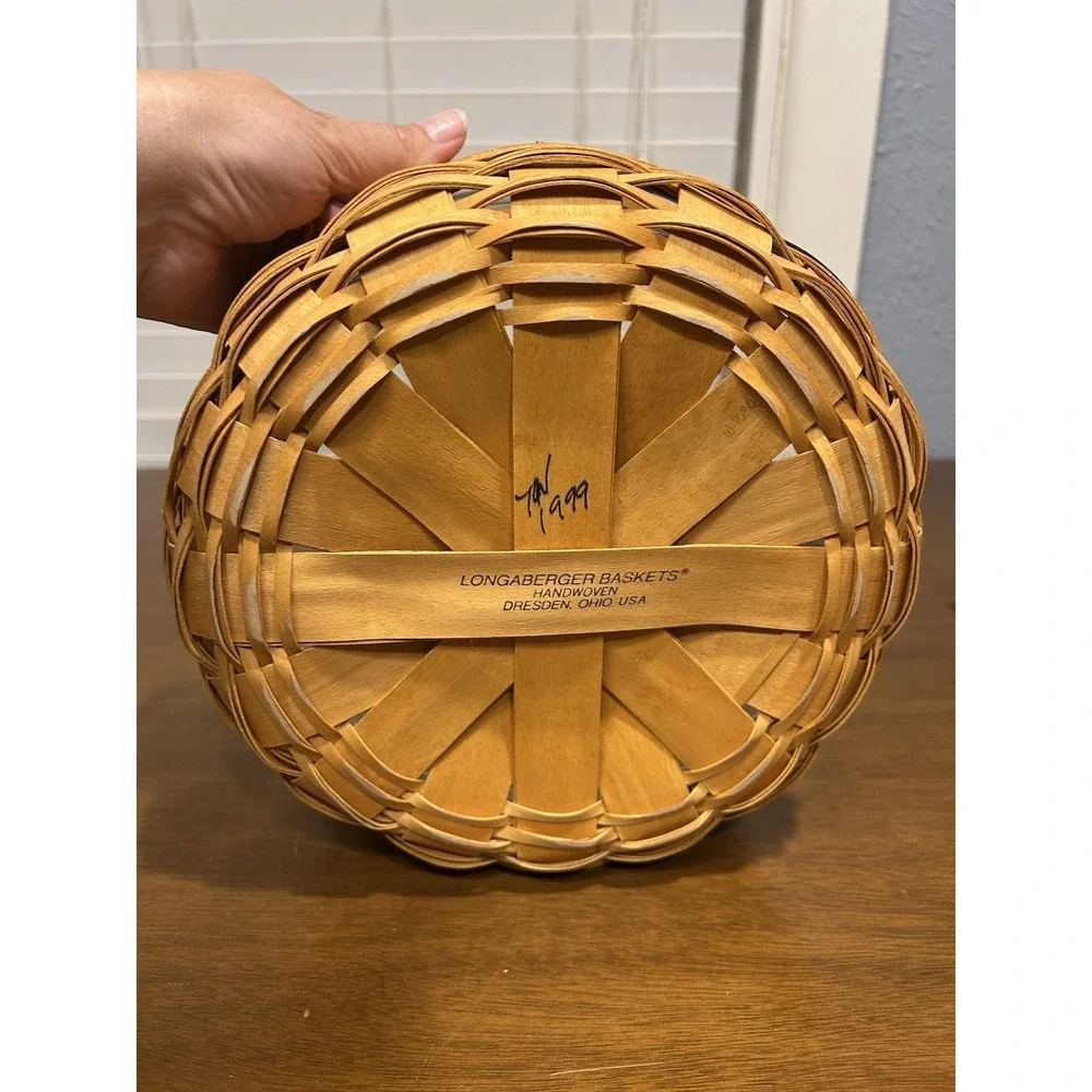 Longaberger 1999 Woven BUTTON BASKET Green Red Blue w/ Liner & Leather Handles
